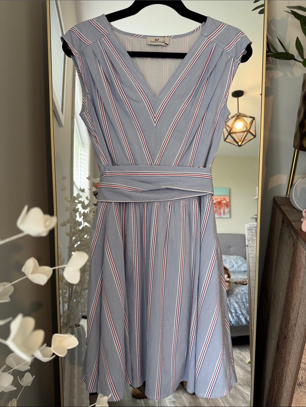 Vineyard Vines Blue Striped V-Neck Fit & Flare Dress